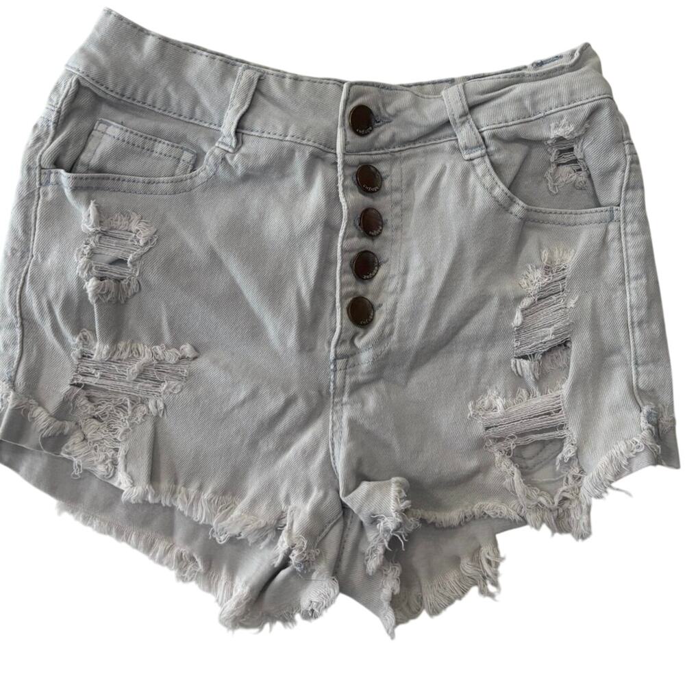 Y2K Refuge buttonfly micro mini denim shorts sz 25 high waist lite blue distress